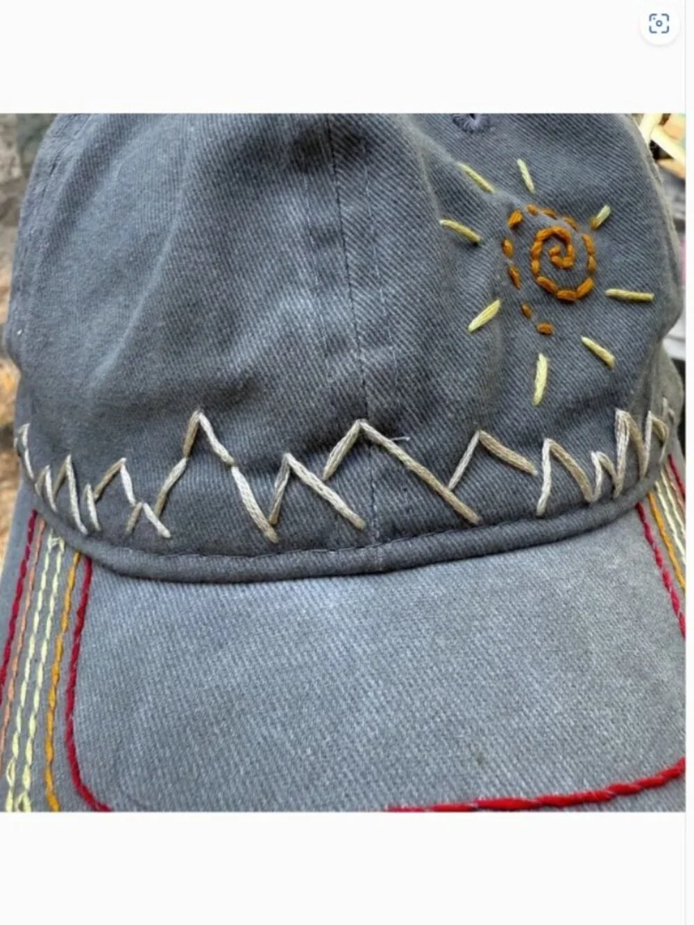 Boho Embroidered Strapback Cap Artsy artisan Nature Moiuntain Sun design